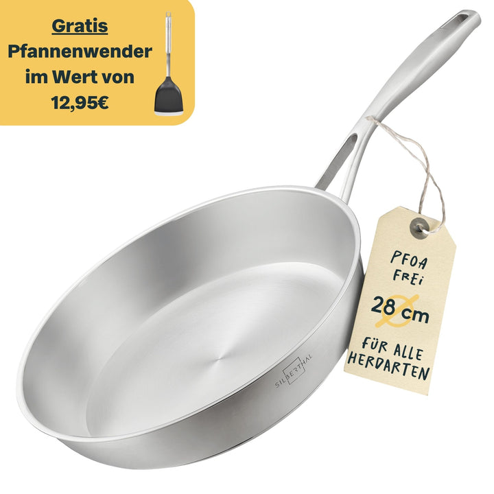 Edelstahlpfanne 28 cm Unbeschichtet + Pfannenwender