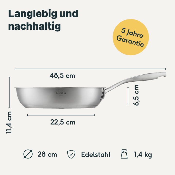 Edelstahlpfanne 28 cm Unbeschichtet + 3 Reinigungstücher